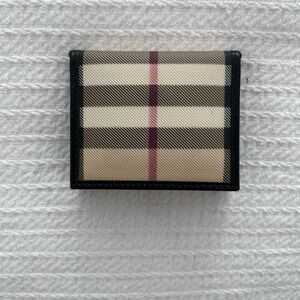 Burberry Beige Check Trifold Photo Wallet with Black Trim and Red Stripe
